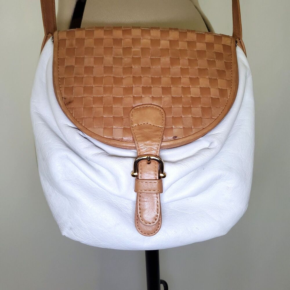 Vintage Women's Leather Crossbody Bag Small Brown White Woven Purse Bohemian - Picture 2 of 9